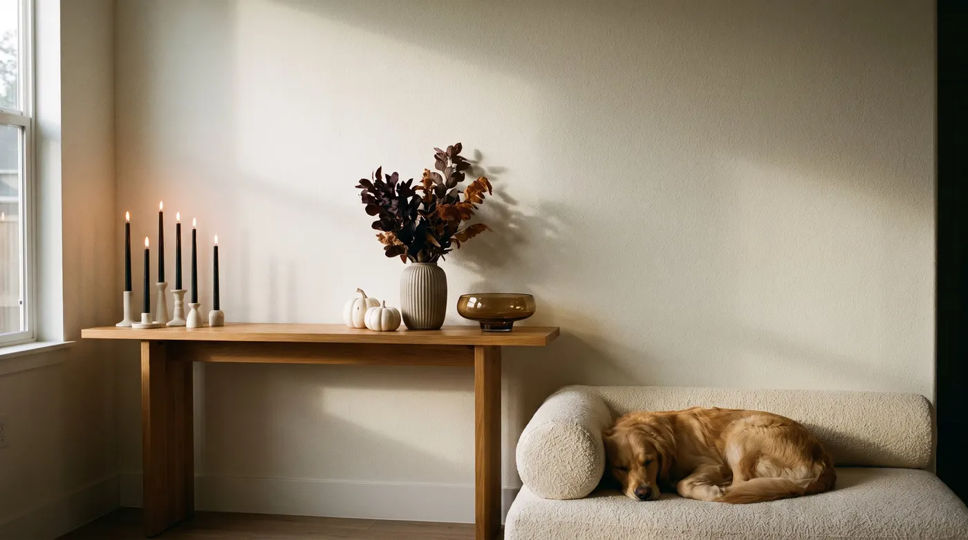 A console table with black candles, white ceramic pumpkins and dried autumn foliage, a golden retriever asleep on a bed beside it