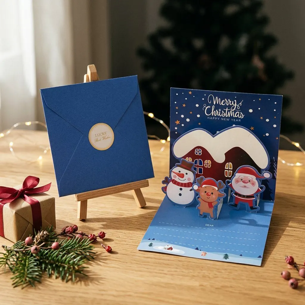 3D Christmas card, Navy Blue with Santa