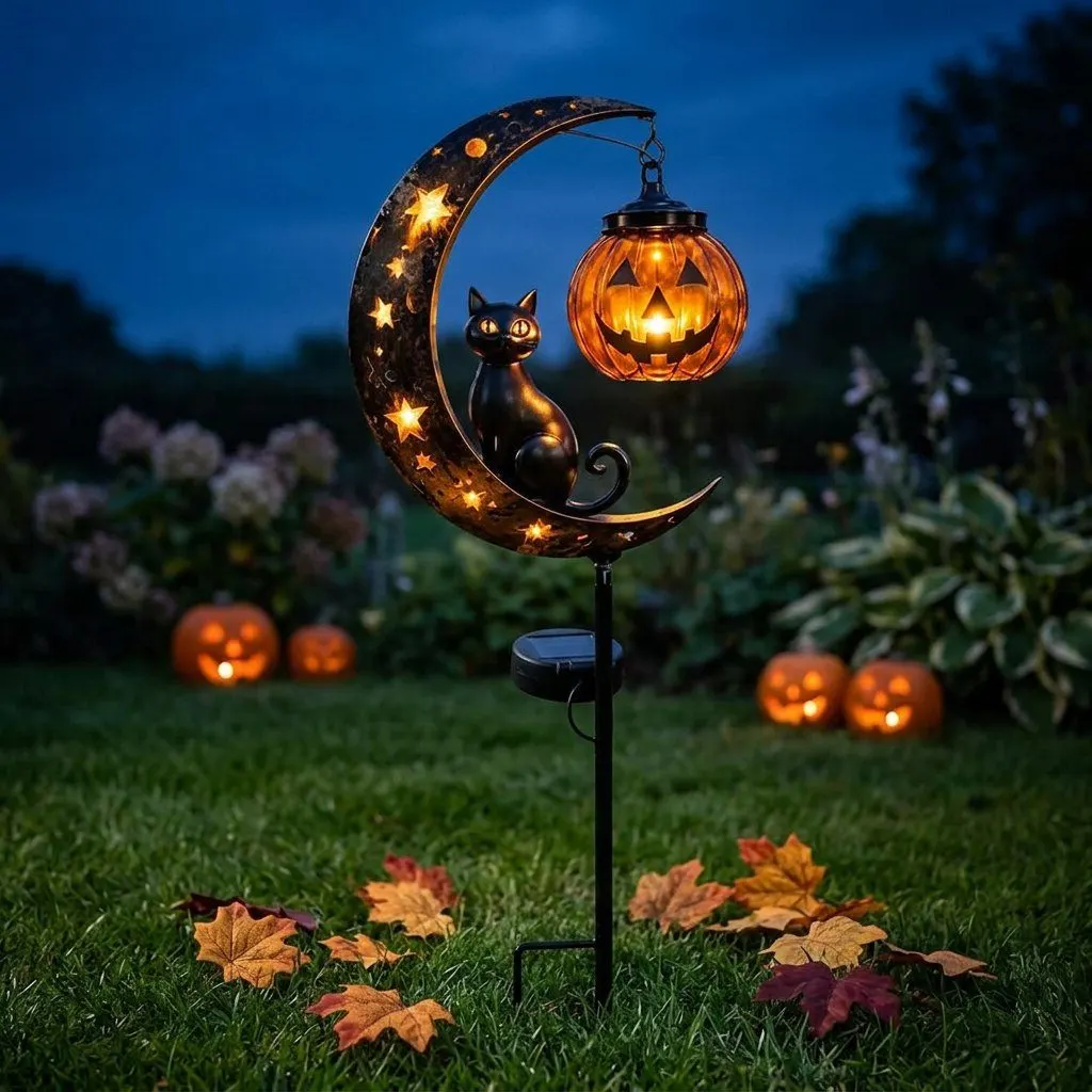 Black cat moon garden lamp