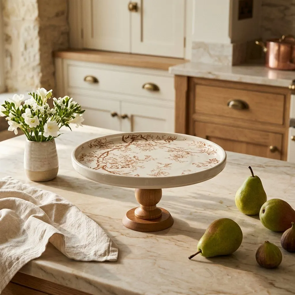 Ceramic tray with wooden pedestal, view 2