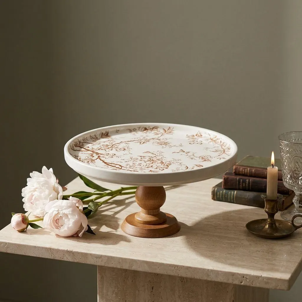 Ceramic tray with wooden pedestal, view 3