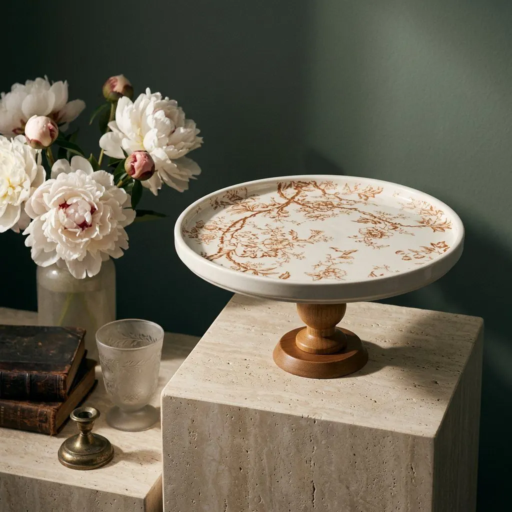 Ceramic tray with wooden pedestal