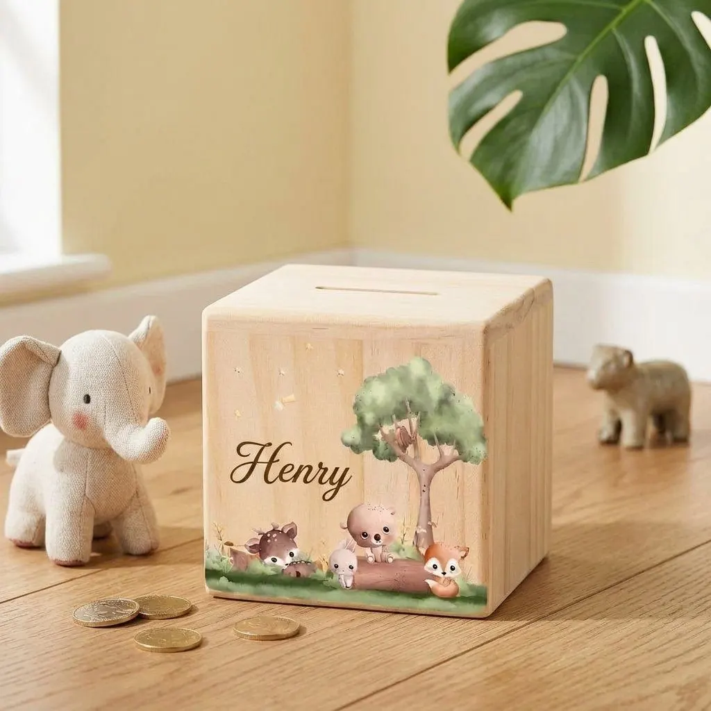 Personalised wooden money box, view 2