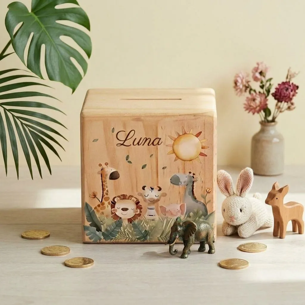 Personalised wooden money box, view 3
